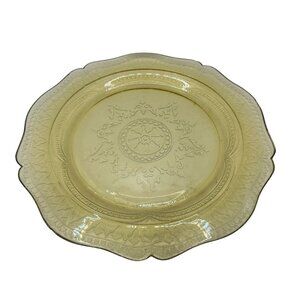 Vintage Amber Glass Plate With Intricate Floral & Geometric Etched Design